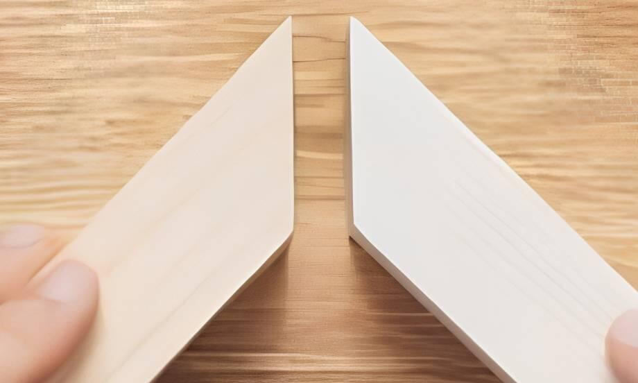 Two angled wood moulding pieces positioned to form a mitre joint before assembly.