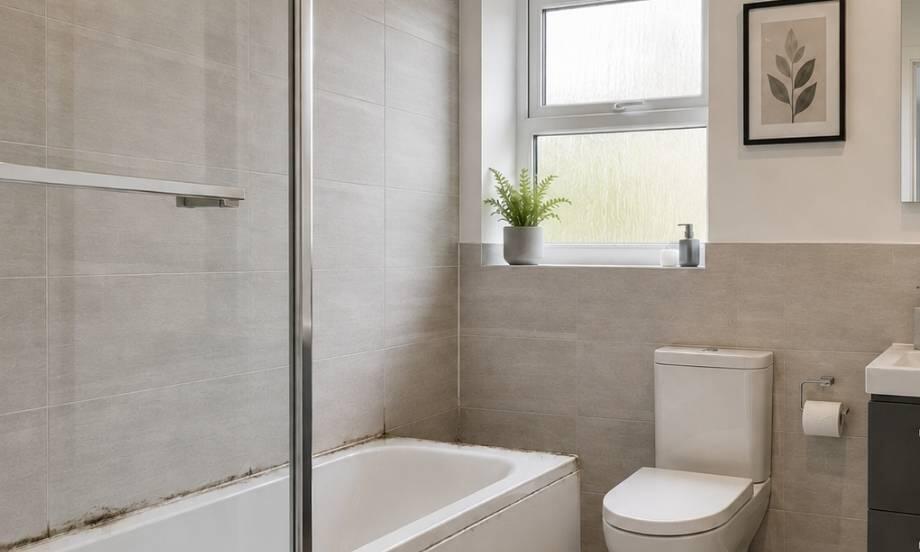 Bathroom with a bathtub and tiled walls showing worn and discolored silicone sealant that needs replacing to restore a clean waterproof seal.