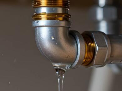 Water leaking from a metal pipe joint, highlighting the need for a pipe repair solution.